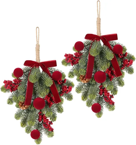 Vista 11 de Super Holiday - Decoraciones de Navidad, 2 piezas de coronas de puerta delantera de plantas verdes artificiales colgantes con lazo