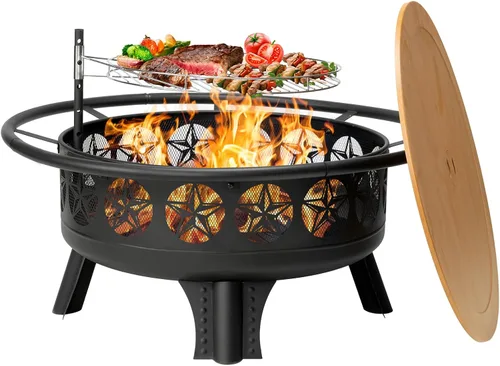 Vista 8 de Verdeluxe Pozo de fuego de 32 pulgadas con rejilla de cocción giratoria, hoguera de leña 3 en 1 con parrilla, mesa de fogata al aire libre con tapa
