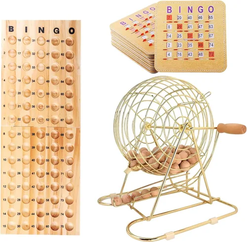 GSE Deluxe Juego de Bingo Juego de Bingo, jaula grande de latón, 10 tarjetas de bingo con obturador | Shutter Slide Bingo Cards, Wood Master Board &