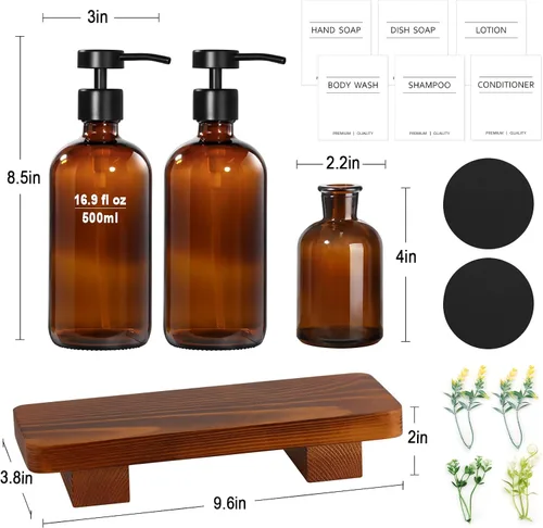 Vista 2 de KASUNTING Dispensador de jabón de vidrio ámbar con bomba plana mejorada, dispensador de jabón para platos para cocina, dispensador de jabón de manos