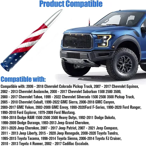 Vista 7 de Antena de bala Calibre 50 para auto y camión con diseño de bandera americana Compatible con Ford F150 F250 F350, Dodge RAM 1500, Chevy Silverado