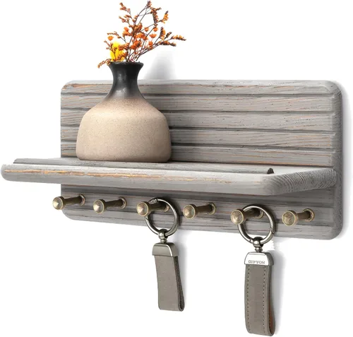 Vista 9 de Rebee Vision Soporte de pared de madera de acacia para decoración del hogar, mini llavero de 7 pulgadas para pared con 4 ganchos resistentes