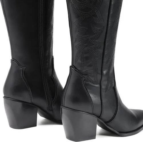 Vista 6 de DREAM PAIRS Botas vaqueras para mujer, cómodas botas altas hasta la rodilla con tacón grueso, punta puntiaguda, bordadas con vaquera occidental