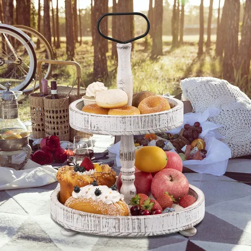 Vista 6 de Soporte de bandeja de madera de dos niveles, bandeja decorativa redonda de madera de 2 niveles con mango de metal para el hogar, cocina, decoración
