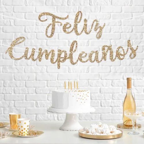 Vista 2 de Cartel de Feliz Cumpleaños pre-encordado – No DIY – Cartel español de fiesta de feliz cumpleaños con purpurina dorada – Guirnalda de guión