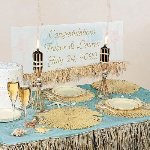 Vista 3 de Falda Tiki Bar Raffia Fringe - Thatch, 1 paquete, 24 pies de largo, Paquete de 10, Beige