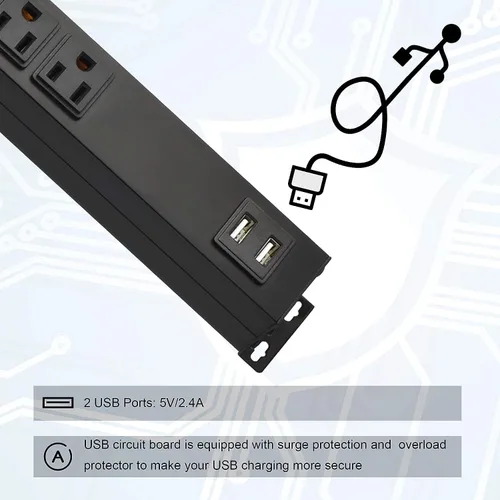 Vista 4 de Regleta de alimentación de metal para montaje en pared con 2 puertos USB, protector de sobretensiones 300J, cable de extensión de 6 pies