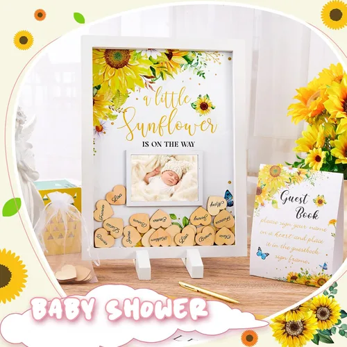Vista 4 de Chunful 65 piezas de decoración de girasol para baby shower, libro de invitados alternativo para baby shower, letrero naranja para baby shower