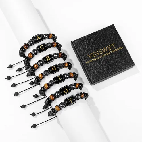 Vista 7 de Vinswet Pulseras de cuentas con iniciales para hombre, pulsera de triple protección de 0.315 in, obsidiana y hematita, hecha a mano para hombre