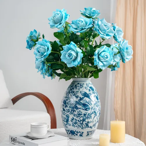 Vista 6 de Flores artificiales de 23.2 pulgadas, 20 rosas artificiales de tallo largo, flores artificiales de tallo largo para jarrón alto, rosa de seda, Azul