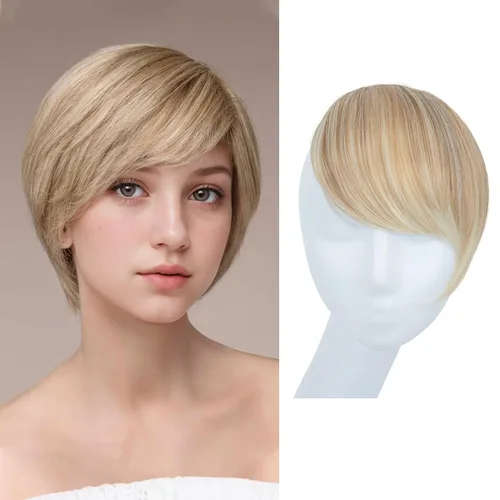 Vista 9 de SARLA Flequillo lateral negro marrón con clip en piezas de cabello sintético, extensión de flequillo recto para mujeres