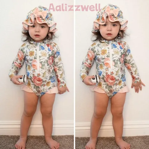 Vista 3 de Aalizzwell Traje de baño de una pieza de manga larga con sombrero para bebé niña