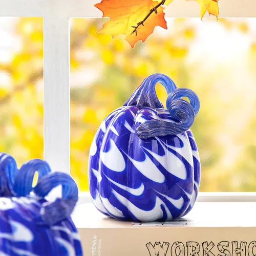 Vista 5 de Glitzhome Calabaza de cristal soplada a mano 3pcs Calabaza de cristal de otoño, azul/blanco