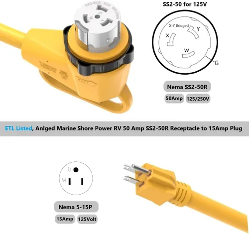 Vista 5 de Cable de extensión 110-RV de 15 pies de 50 amperios a 15 amperios, NEMA 5-15P a SS2-50R, cable de extensión 10AWG en ángulo de 50 amperios a 15