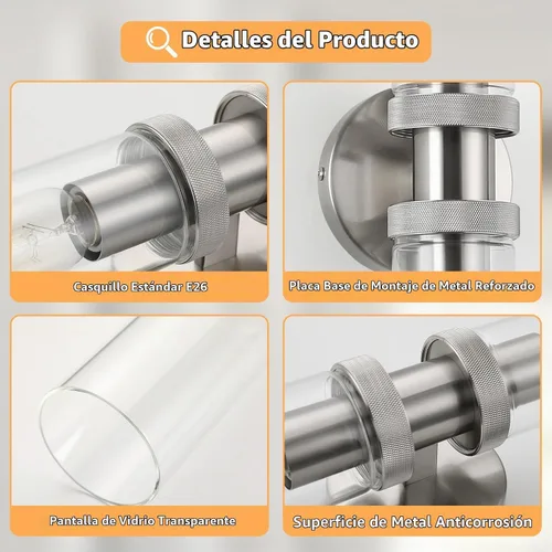Vista 6 de Luz de Tocador de Baño de 2 Luces Níquel Cepillado, Accesorios de Luz de Baño para Espejo Lateral, Lámpara de Pared Vintage para Dormitorio