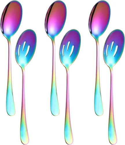 Vista 10 de Juego de 6 cucharas de servir de 8.7 pulgadas, incluye 3 cucharas de servir y 3 cucharas ranuradas, cucharas de acero inoxidable para banquetes