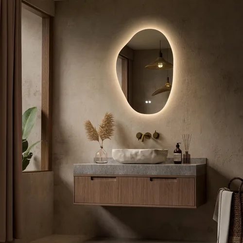 Vista 2 de Keonjinn Espejo de baño retroiluminado asimétrico de 22 x 30 pulgadas con luces, espejo LED irregular con vidrio templado HD, controlador LED