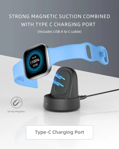 Vista 2 de Base de carga para Fitbit Sense/Sense 2/Versa 3/Versa 4, soporte de cargador magnético de reloj con cable USB-C, accesorios para relojes Negro
