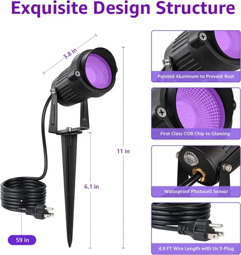 Vista 7 de SUNVIE 1 paquete de focos de Halloween para exteriores, luz negra con sensor de fotocélula de 10 W, foco de luz negra, impermeable, luz LED negra