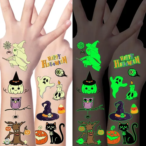 Vista 9 de 370 patrones de recuerdos de fiesta, 36 hojas que brillan en la oscuridad, tatuajes temporales luminosos, suministros de tatuajes falsos
