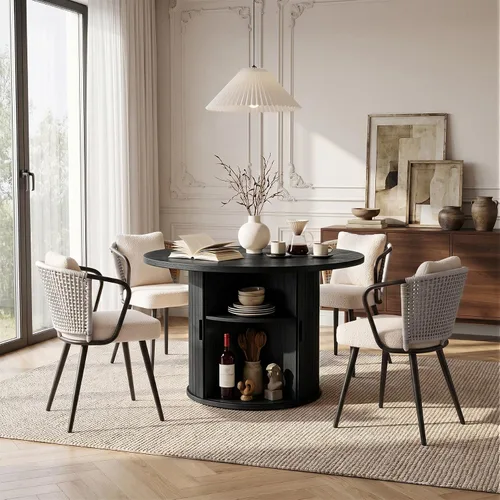 Vista 51 de Miereirl Juego de mesa y sillas de comedor moderno redondo, con una mesa de comedor de madera equipada con compartimentos de almacenamiento
