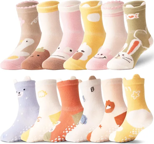 Vista 9 de ANTSANG 12 pares de calcetines de bebé para niñas, niños, niños pequeños con empuñaduras, calcetines de tripulación de algodón
