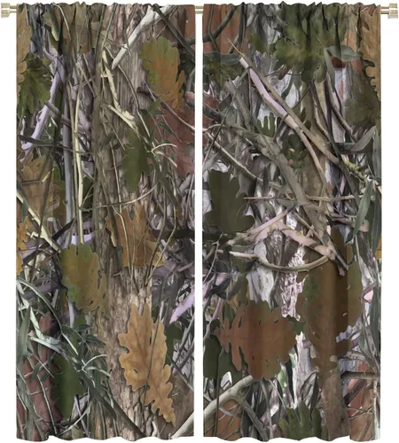 Vista 26 de Cortinas opacas de camuflaje de bosque, animales salvajes, osos, ciervos, alces, con bolsillo para barra, para sala de estar, dormitorio, decoración