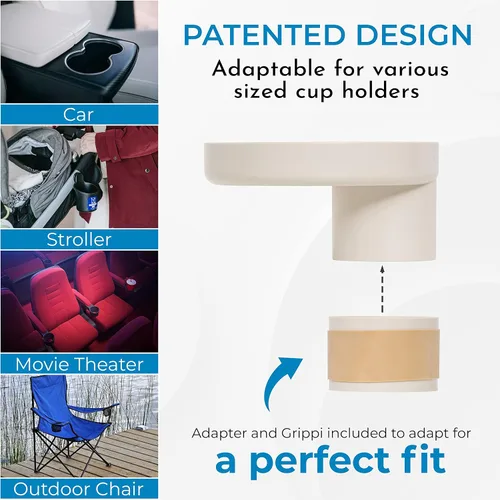 Vista 3 de My Travel Tray Round, fabricado en Estados Unidos. Convierte el portavasos existente en bandeja y portavasos para asiento de automóvil para niños