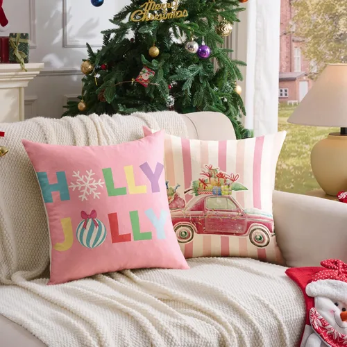 Vista 2 de Fundas de almohada de Navidad rosas 18x18 Juego de 4 fundas de almohada de Navidad, fundas de almohada de Navidad para sofá, sofá cama, silla