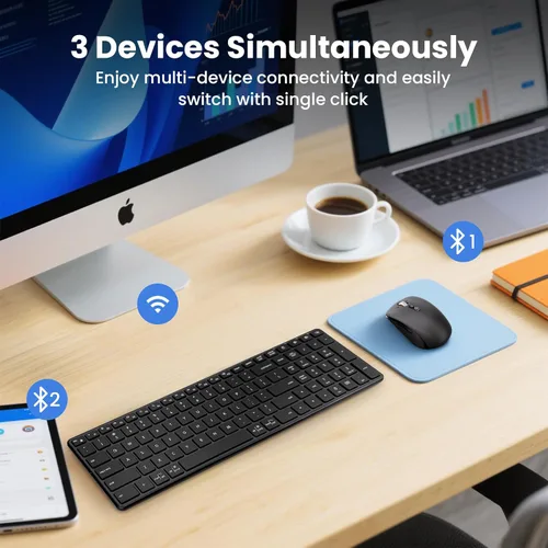 Vista 4 de QWERTY - Combo de teclado y mouse inalámbricos Bluetooth (USB + Dual BT), juego de teclado y mouse delgado multidispositivo compatible con Windows