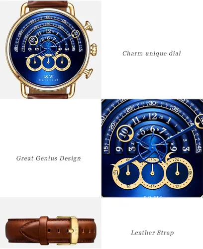 Vista 2 de Luxury Mens Big Dial Chronograph Sapphire Glass Waterproof Quartz Black Leather Gold Watches
