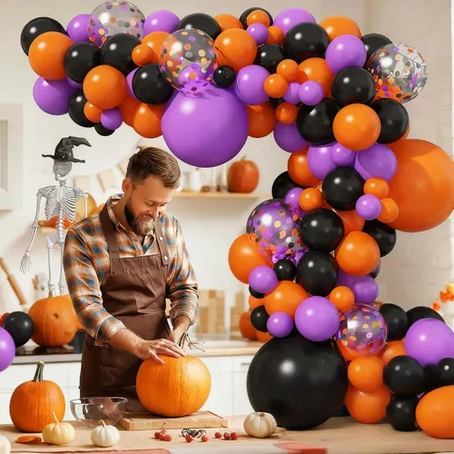 Vista 4 de Jobkoo Kit de guirnalda de arco de globos de Halloween, globos de confeti negro, morado, naranja, globos de confeti de Halloween, cumpleaños, baby