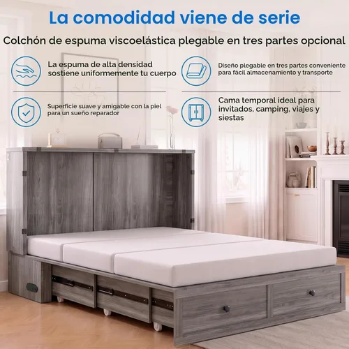 Vista 6 de Mjkone Murphy - Cama de armario con colchón plegable de tres pliegues, tamaño matrimonial, color gris