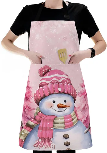 Vista 6 de Pink Snowman Christmas Bib Aprons with Pockets Waterproof, Adjustable Apron for Men Women Xmas Tree Winter Snowflake Pink