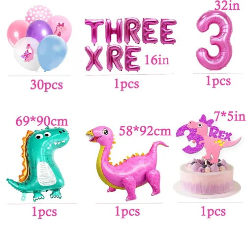 Vista 2 de Dino Rex - Decoraciones para fiesta de cumpleaños de tres niñas, suministros de dinosaurio rosa