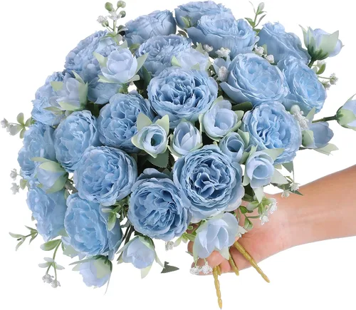 Vista 14 de 2 racimos de flores artificiales de peonía beige, ramo de peonías de seda para bodas, fiestas, centros de mesa, arreglos florales, decoración