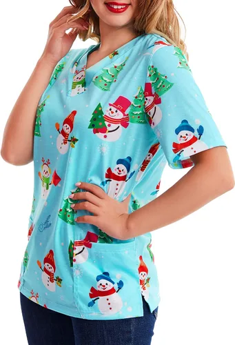 Vista 5 de Camisa de cuello con estampado de Navidad para mujer, diseño de muñeco de nieve, color azul claro