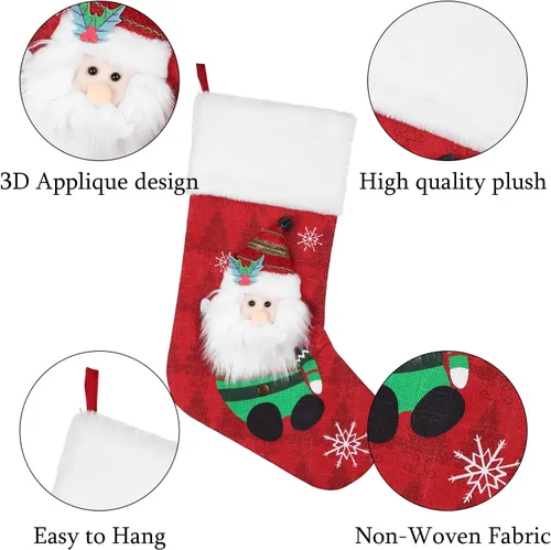 Vista 5 de COOLWUFAN Paquete de 4 medias de Navidad de 19 pulgadas con copo de nieve, Papá Noel, muñeco de nieve, reno, pingüino y felpa de piel sintética