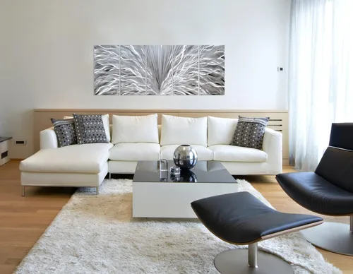 Vista 6 de SYGALLERIER Arte de pared de metal plateado hecho a mano, enorme obra de arte abstracta 3D de aluminio, escultura moderna, imágenes metálicas