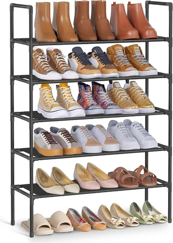 Vista 10 de SONGMICS - Estante para zapatos de 2 niveles, almacenamiento de zapatos para armario de pasillo, delgado y que ahorra espacio, marco de metal, Negro