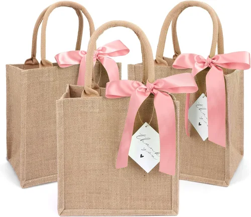 Vista 16 de Paquete de 6 bolsas de arpillera con asas reutilizables, mini bolsas de regalo de yute con cintas de seda azules, forro impermeable para bodas