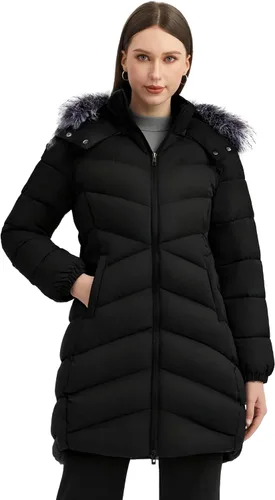 Vista 2 de Wantdo - Chamarra acolchada larga para mujer, chaqueta ligera y cálida con capucha Negro