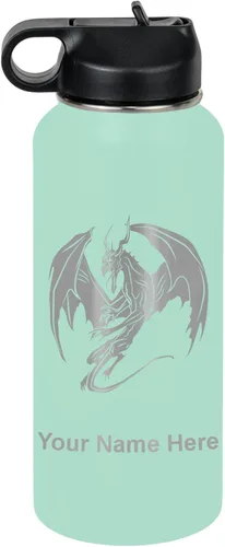 Vista 66 de LaserGram Botella de agua con tapa abatible de doble pared de 12 onzas con pajilla, dragón, grabado personalizado incluido (negro)