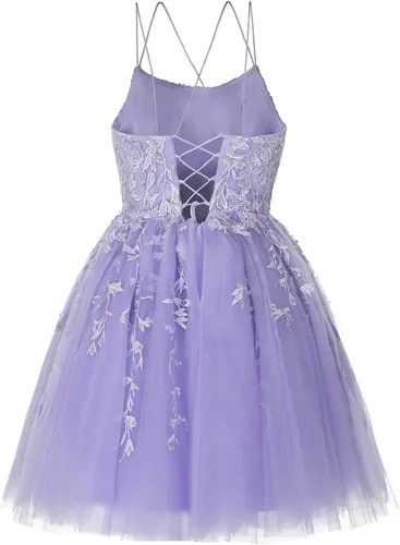 Vista 6 de TIRAS Vestido de tul con apliques de encaje para adolescentes, tirantes delgados, vestido de fiesta de cóctel corto CM218