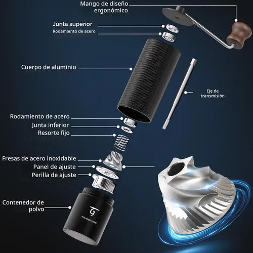 Vista 3 de SUNYA Molinillo de café manual con rebabas cónicas de acero inoxidable. Molino de grano de café de mano de carcasa de aluminio con ajustes MCG-02