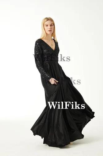 Vista 9 de WilFiks Vestidos formales de manga larga para mujer, vestido largo de satén con lentejuelas, vestido de baile de graduación, vestido de dama