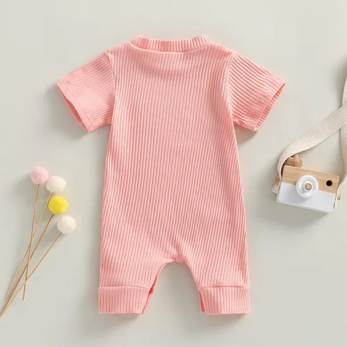 Vista 4 de BULINGNA Mameluco de verano para bebé, niña, niño, cuello redondo, color liso, de punto, acanalado, traje corto de una pieza