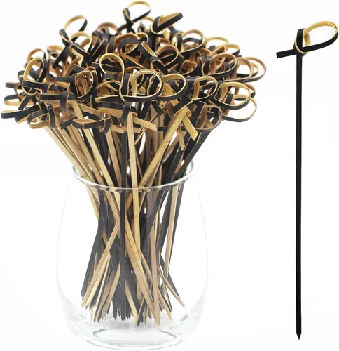 Vista 9 de BLUE TOP Palillos de Cóctel de Bambú 100 PIEZAS Brochetas de Bambú Negro de 4 Pulgadas con Anillo en Bucle, Palillos para Comida, Palillos