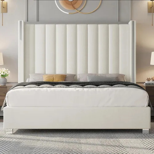 Vista 4 de Jocisland Marco de cama tamaño Queen con cabecero de 58 pulgadas de alto, cama de plataforma tapizada en terciopelo con cabecero tipo wingback