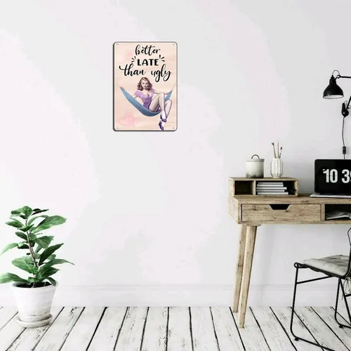 Vista 5 de Letrero decorativo de baño Pin Up Girl Metal Tin Sign Better Late Than Ugly Retro Decoración de pared para decoración de baño, dormitorio, vestido